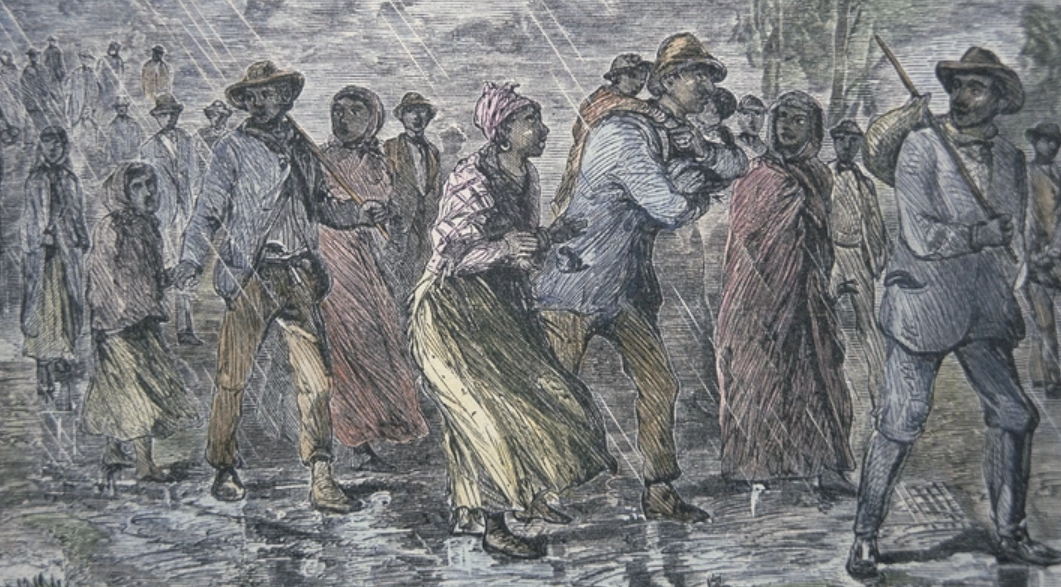 FUGITIVE SLAVES FLEEING FROM THE MARYLAND COAST TO AN UNDERGROUND RAILROAD DEPOT IN DELAWARE," 1850, PETER NEWARK/AMERICAN PICTURES/BRIDGEMAN IMAGES