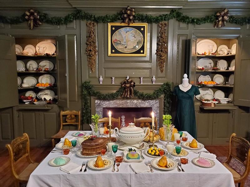 The dining room of the Historic Odessa Foundation’s Wilson-Warner House (c. 1769) set for a Jane Austen Christmas.