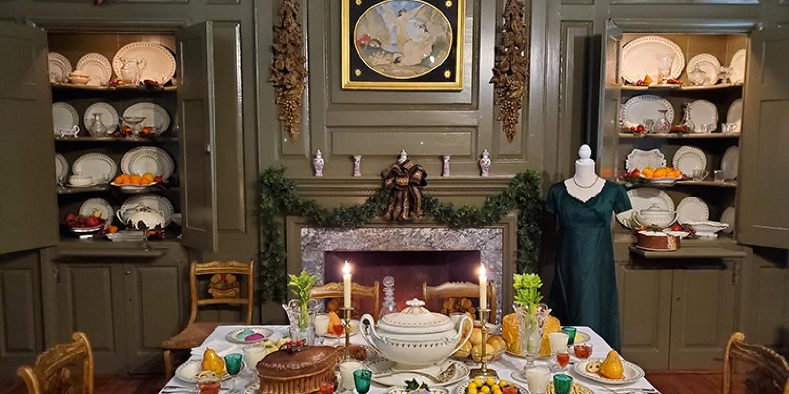 The dining room of the Historic Odessa Foundation’s Wilson-Warner House (c. 1769) set for a Jane Austen Christmas.